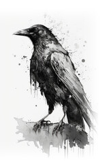 Black and white ai art sketch of a crow with ink blots and splats. Generative ai.