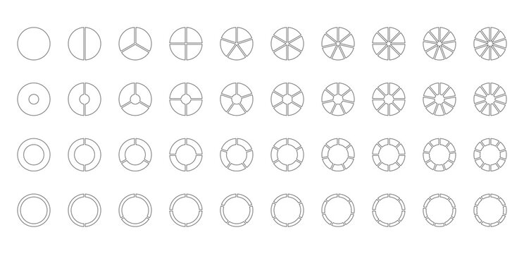 Round structure graph. Circular chart. Pie diagram divided into pieces. Set schemes with sectors. Circle section template in grey color. Piechart with segments and slices. Vector illustration