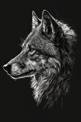 Fototapeta premium Black and white artwork closeup of a wolf from the side. Dark background. Highly detailed. Generative ai.