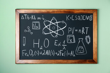 Blackboard with different chemical formulas written with chalk on light green wall