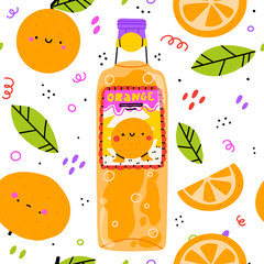 Summer orange lemonade seamless pattern. Soft drinks in glass with soda and lemonade. Doodle lemon and abstract elements. Kawaii illustration. Childish style for printing fabrics, wallpaper, menu