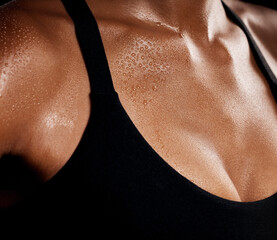 Woman, sweat and chest from fitness workout or intense physical exercise in fat burn or weight...