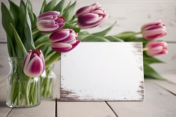 Pink tulip flowers bouquet on white wooden table. Flat lay with copy space generated by AI
