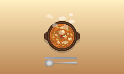 한국 국 음식 된장찌개, 된장국, 배경 분리되는 한국 요리 일러스트 이미지 korean food bean paste soup, doenjang soup, stew jjigae illustration