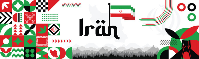 Iran independence, Iranian Revolution, Banner with map, flag colors theme background and geometric abstract retro modern green, white and red design. illustration banner design template.