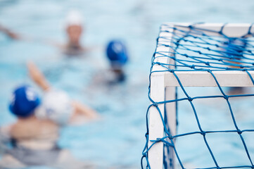 Goal net, water polo or team in swimming pool for sports practice, cardio workout or group...