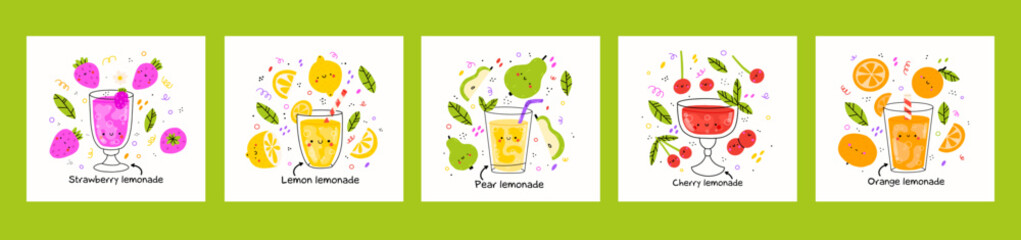 Set of 5 poster of cute lemonades. Isolated. Vector cartoon character hand drawn style illustration. Kawaii smiling lemonade.Hand drawn cute vector for web,design,print, isolated on white.
