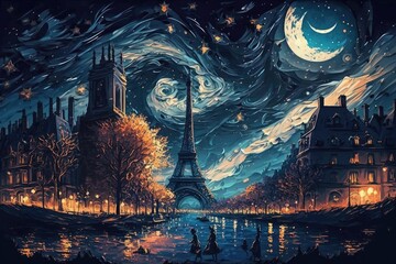 Starry Night Paris City. Generative AI. - obrazy, fototapety, plakaty