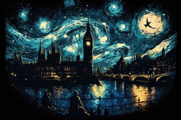Starry Night London City. Generative AI.