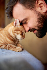 Muzzle of a red cat and a man's face. Close-up of handsome young beard man and tabby cat - two...