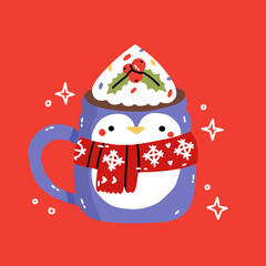 Penguin mug. Christmas cute cocoa chocolate cup. Childish print for cards, stickers, apparel, decoration. Cute menu illustration. Cute mug element, New year or winter holiday vector illustration