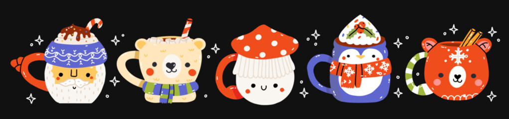 Set od different mug. Christmas chocolate cups with treats, gingerbread, cookies, marshmallow. Childish print for cards, stickers, decoration. Cute menu illustration. New year vector illustration