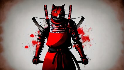 cat samurai with red sword