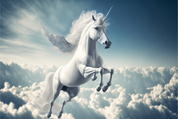 Naklejka na ściany i meble white unicorn is flying high in the sky. generative ai.