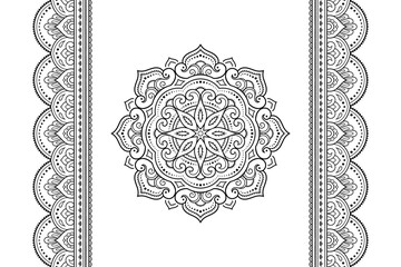 Set of mandala pattern and seamless border for Henna drawing and tattoo. Decoration in ethnic oriental mehndi, Indian style. Doodle ornament in black and white. Hand draw vector illustration.