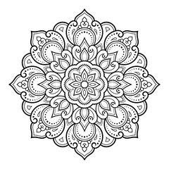 Circular pattern in form of mandala with flower for Henna, Mehndi, tattoo, decoration. Decorative ornament in ethnic oriental style. Outline doodle hand draw vector illustration.