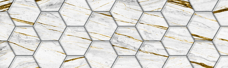 Hex tiles vintage white marble gold lines flooring
