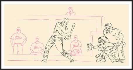 Baseball players sketch drawing. Vector illustration.