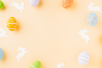 Easter eggs bunny and rabbit white paper cutting isolated on pastel background, Funny decoration, Festive composition banner web design holiday background, Happy Easter Day