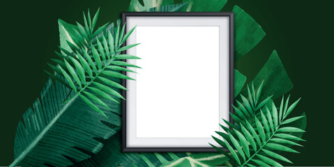 vertical frame mockup on a white gallery wall with wooden floor, palm leaves and green leaf plant illustration.