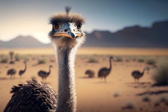 3D rendering close up of a ostrich in the desert, blurred background, natural photography feel - Generative AI