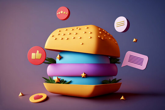 3D render of hamburger illustration, with reviews and feedbacks, delivery concept - Generative AI