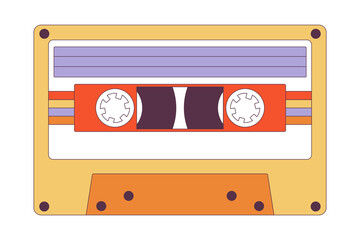 Naklejka premium Retro stereo music cassette tape disco. Analogue magnetic audio tape. Cassette with retro label as vintage object for 80s revival mix tape design. Flat cartoon vector illustration on white background.