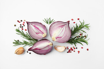 Fresh red onions, garlic, rosemary and spices on white background, flat lay