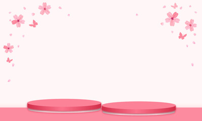 Cherry blossom Sakura flower, butterflies pink product background with stand, podium pedestal vector illustration.
