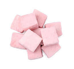 Pile of delicious sweet marshmallows on white background, top view