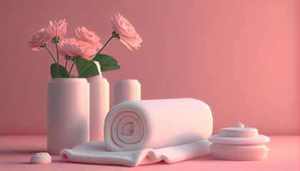 White towel roll and flower vase on a pink background created with Generative AI technology