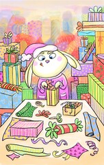A cute Santa’s helper. Bunny packing Christmas presents. Rabbit wrapping gift boxes in a paper. A big room full of gifts. Elf in pink costume. Cartoon illustration on a multicolor background