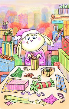 A cute Santa&rsquo;s helper. Bunny packing Christmas presents. Rabbit wrapping gift boxes in a paper. A big room full of gifts. Elf in pink costume. Cartoon illustration on a multicolor background