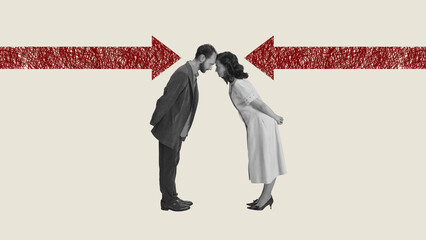 Contemporary art collage. Man and woman, young couple having confrontation. Diverse in interests. Disagreement, dispute. Concept of psychology, relationship, mental health, feelings. Conceptual art