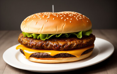 Big Hamburger on white plate in front of dark background. Studio shot of Tasty Sandwich close-up.