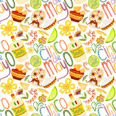 Watercolor seamless pattern, nachos, tequila, skull with ornament, lime, botany elements and text on white background.