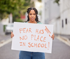 Protest portrait, poster and city student rally for human rights support, USA gun control or stop school shooting. Students banner, global justice and teen black woman march for government law change