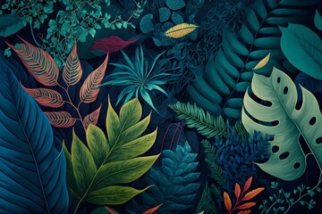 Fototapeta na wymiar Monstera colorful leaves background. Tropical plants full of colors. Botanical gardening to decorate spaces plentry of vibrant life. 3D rendering of Lush tropical leaves background, Generative AI