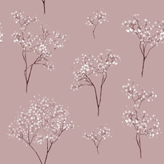 Pink pattern, roses, gypsophila,. Baby's breath plants, blooming flowers, pink background. Hand drawn detailed botanical pattern for social media, web, cards.