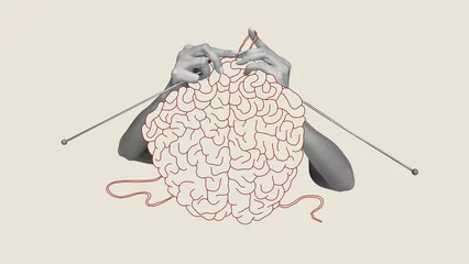 Tuinposter Contemporary art collage. Human hands knitting brain. Growing psychological and emotional stability. Abstract design. Concept of psychology, inner world, mental health, feelings. Conceptual art © master1305