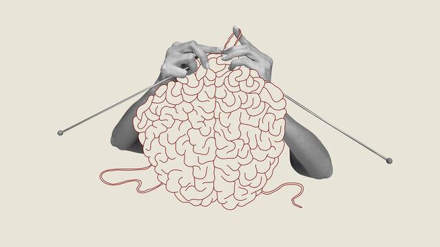Contemporary art collage. Human hands knitting brain. Growing psychological and emotional stability. Abstract design. Concept of psychology, inner world, mental health, feelings. Conceptual art