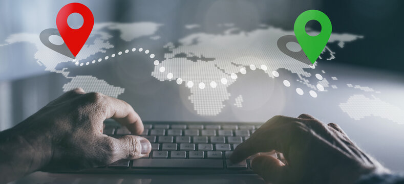 Location marking on a world map with route. Adventure discovery travel transport logistics concept