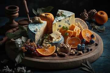 Obraz na płótnie Canvas A fine cheese board with a variety of cheeses, fruits and nuts