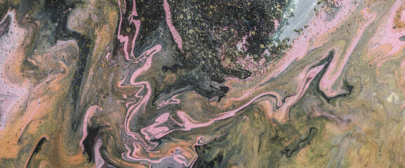 Fantasy fluid art background with dark green, orange and pink tints. Dirty marble effect of acrylic paints. Chaotic liquid ink of oxide tones. Toxic surrealistic abstract texture with mix swamp colors