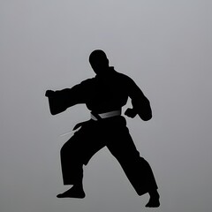 Fototapeta na wymiar Silhouette of a man practicing martial arts against a grey plain background
