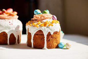 Easter cake with chocolate eggs decoration, on white wooden table the holiday, Happy Easter Holiday.