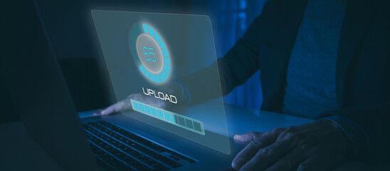 Uploading software online. System engineer upload new application. Updating, improvement concept.