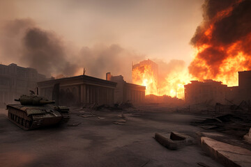 A post-apocalyptic city destroyed by war. Abandoned tank, fires are ravaging. Concept of the end of the world. Generative AI.