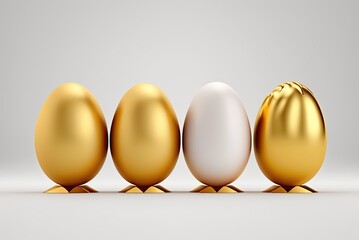 Easter golden decorated eggs stand in a row on white background. Ai generative.
