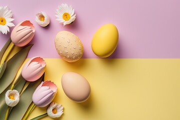 Fototapeta na wymiar Stylish background with colorful easter eggs isolated on yellow background with pink tulip flowers. Ai generative.